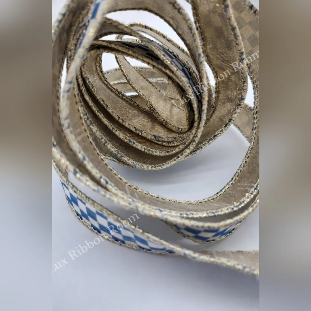 MACKENZIE-CHILDS Blue White Check Wired Ribbon 1 Inch Three (3) YARDS